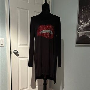 Lauren Moshi Black Long Sleeve Dress with Red and Silver Lips
